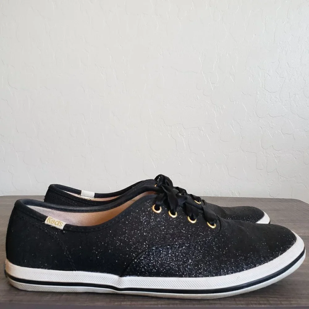 Keds x Kate Spade Champion Glitter Sneaker Shoes Satin Lace Black Sz Women's 5.5